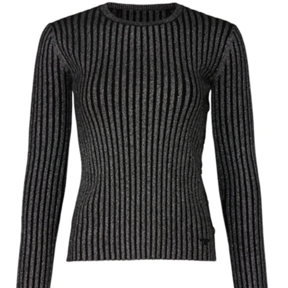 $448 TORY BURCH lurex stripe crew neck sweater L hip logo - Picture 4 of 12